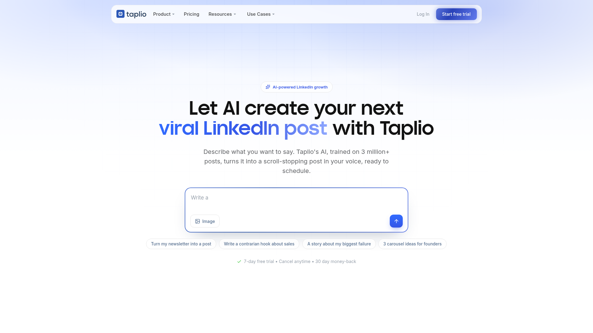 Screenshot of the Taplio homepage