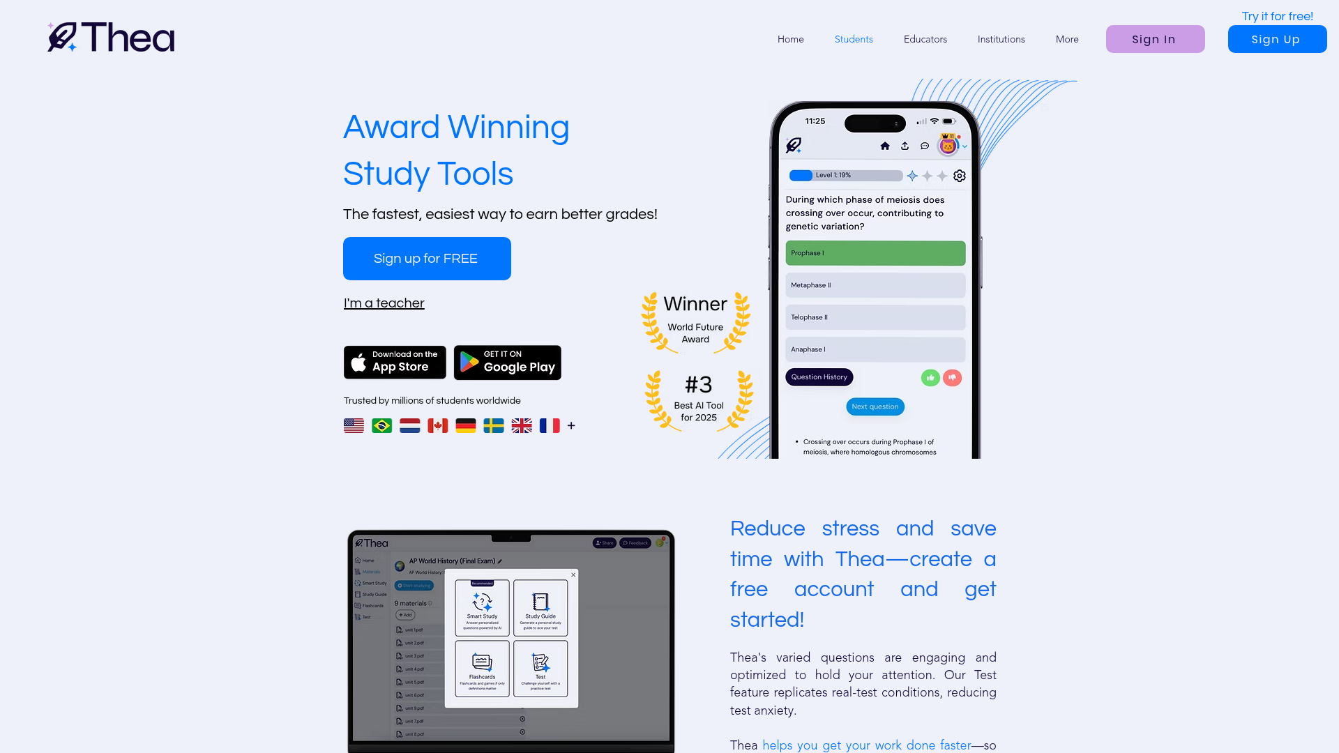 Screenshot of the Thea homepage