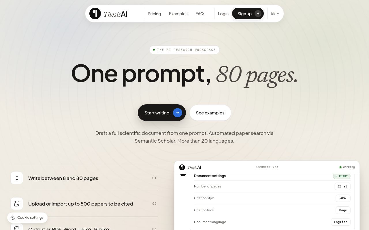 Screenshot of the ThesisAI homepage