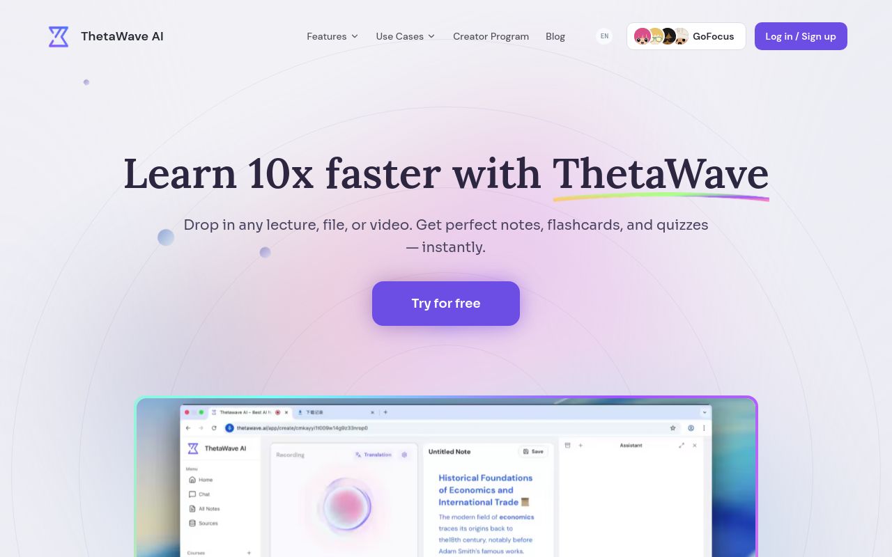 Screenshot of the Thetawave AI homepage