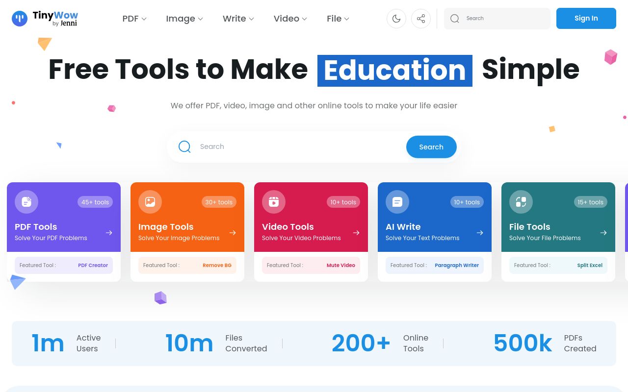 Screenshot of the TinyWow homepage