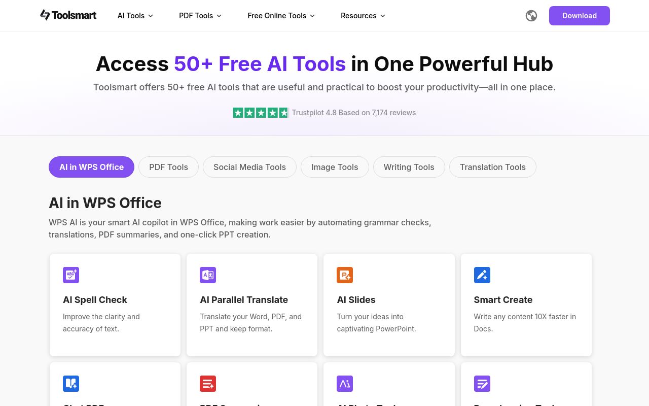 Screenshot of the Toolsmart homepage