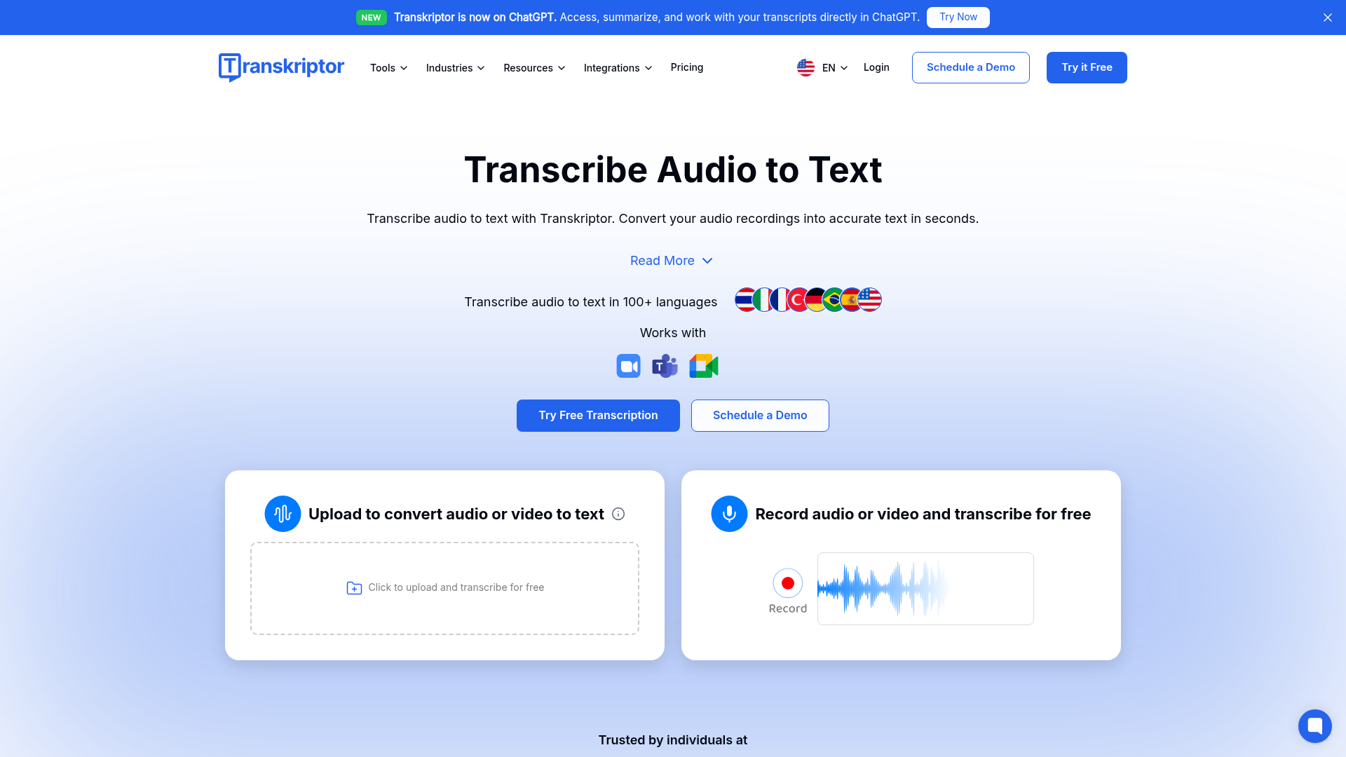 Screenshot of the Transkriptor homepage