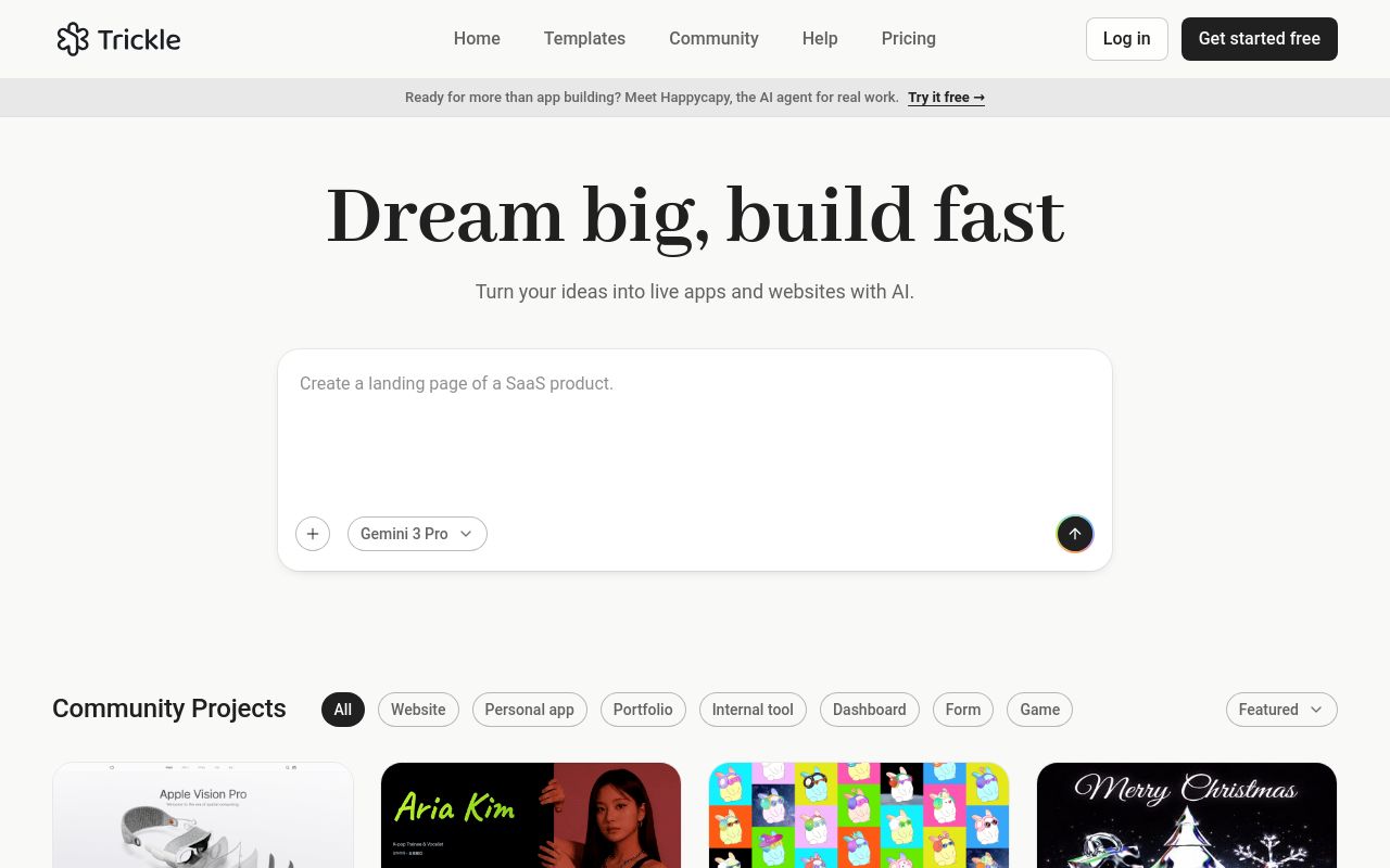 Screenshot of the Trickle homepage