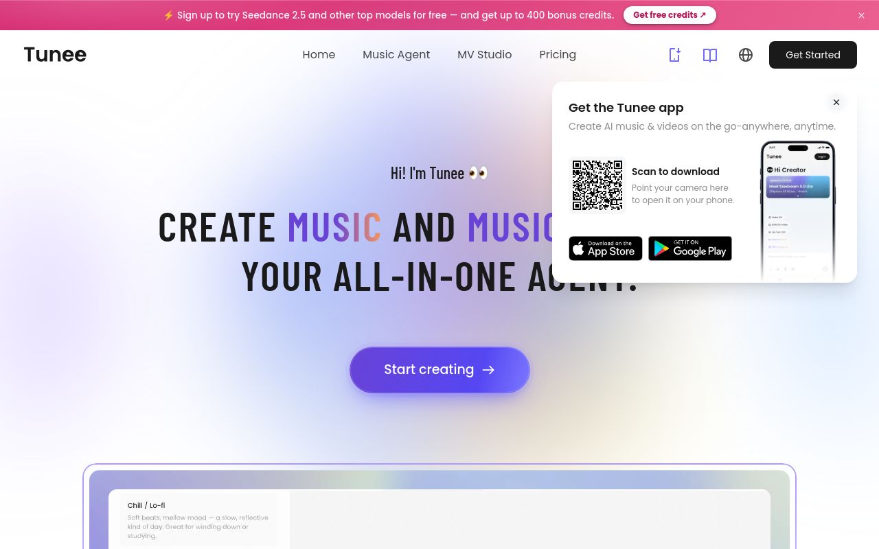 Screenshot of the Tunee homepage