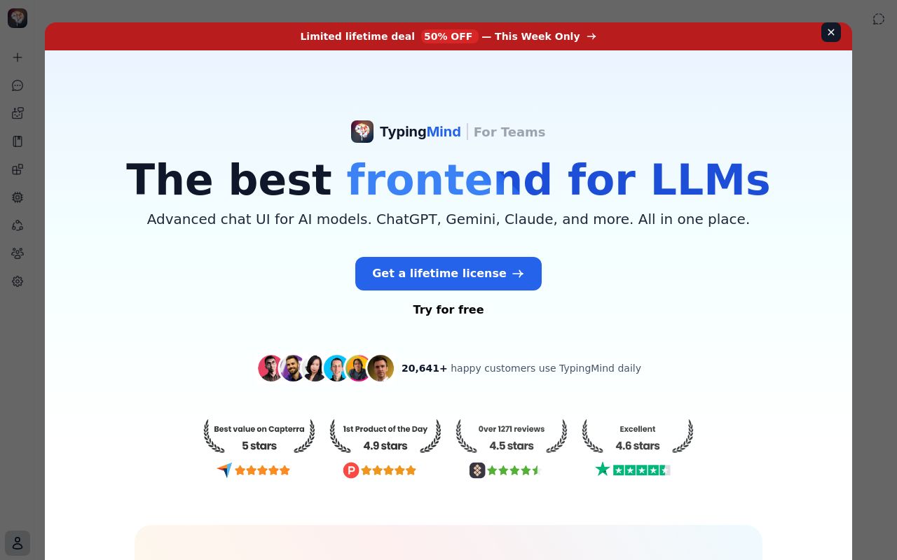 Screenshot of the TypingMind homepage