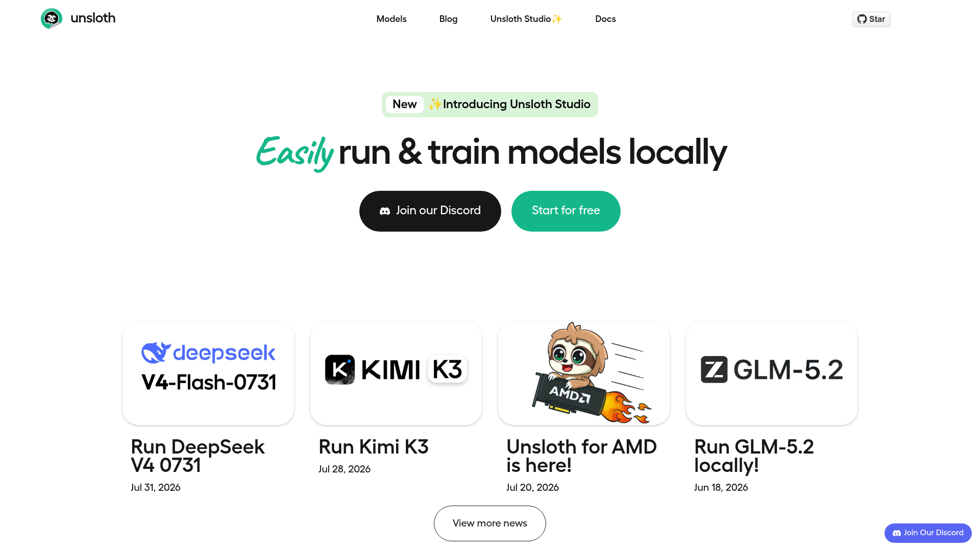 Screenshot of the Unsloth homepage