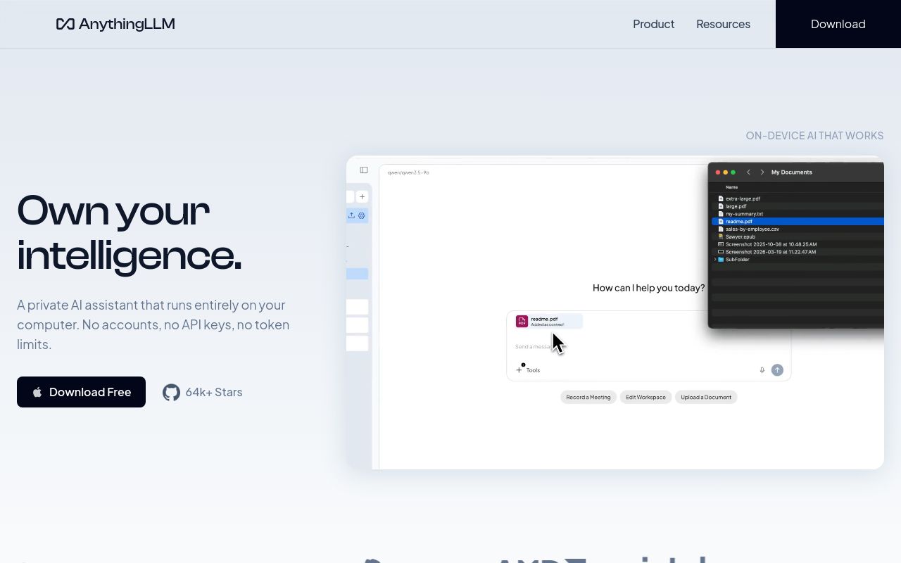 Screenshot of the AnythingLLM homepage