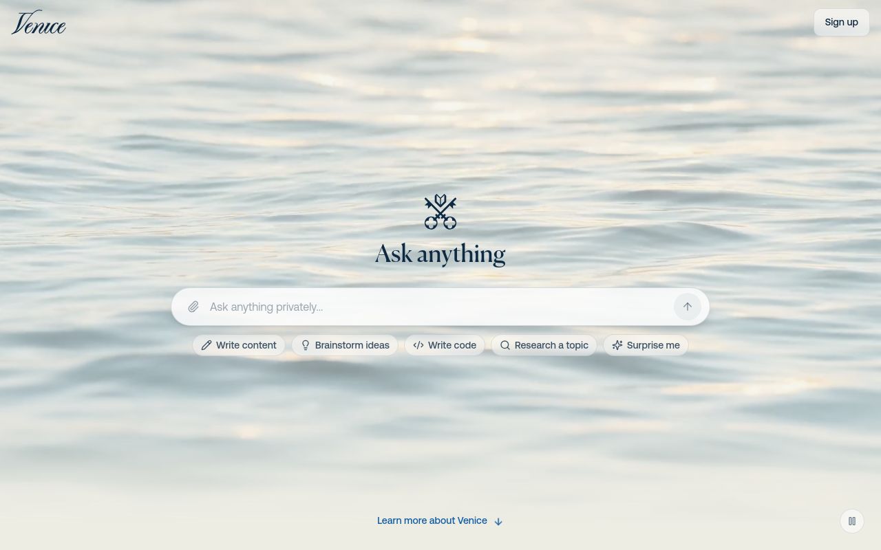 Screenshot of the Venice homepage