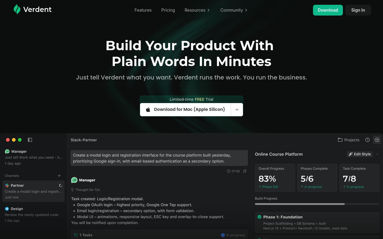 Screenshot of the Verdent homepage