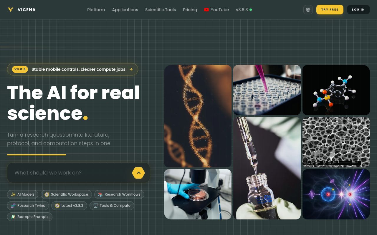 Screenshot of the Vicena homepage