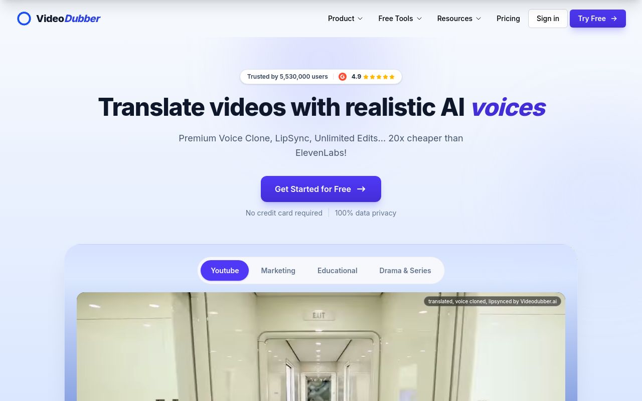 Screenshot of the VideoDubber homepage