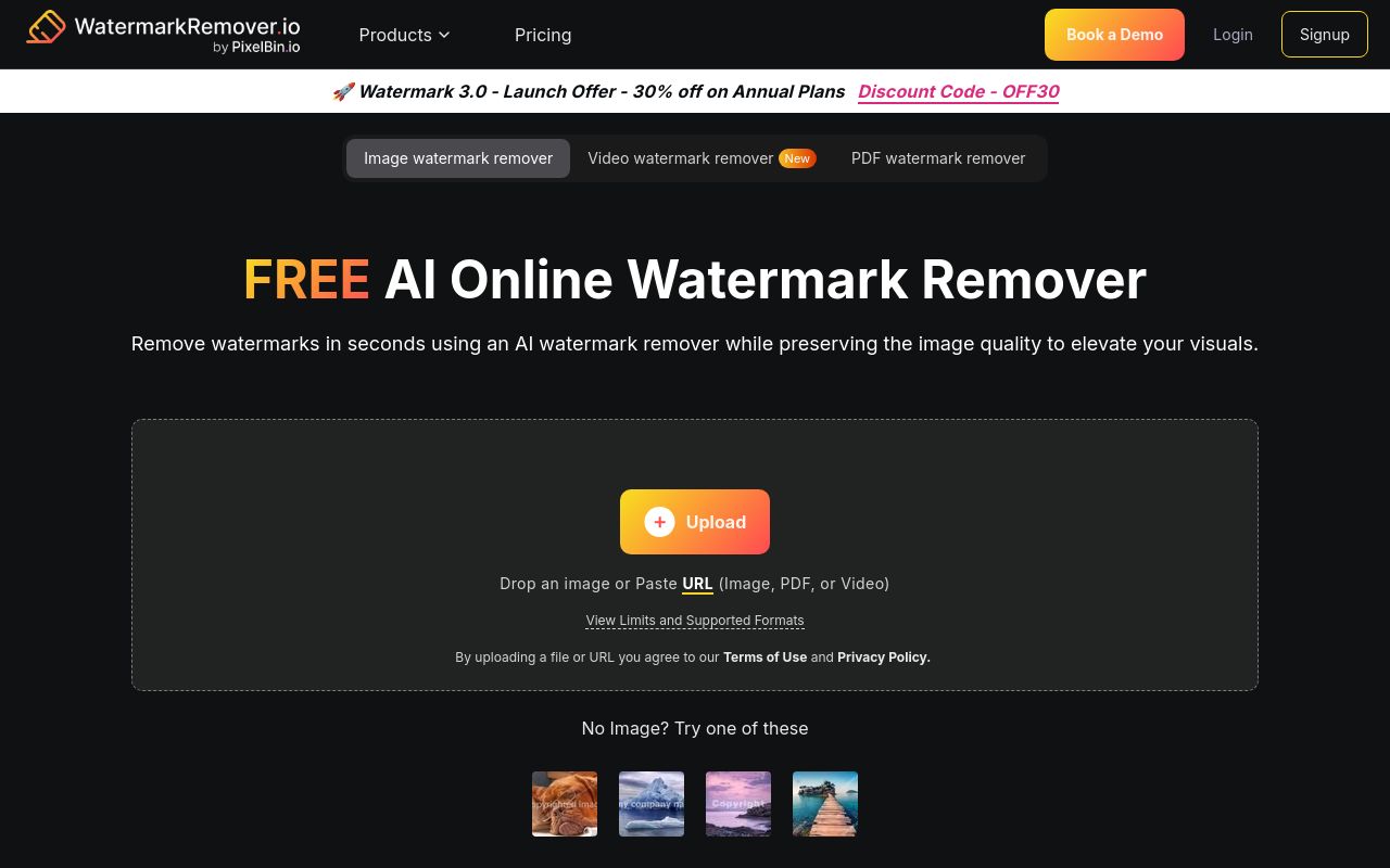 Screenshot of the WatermarkRemover.io homepage