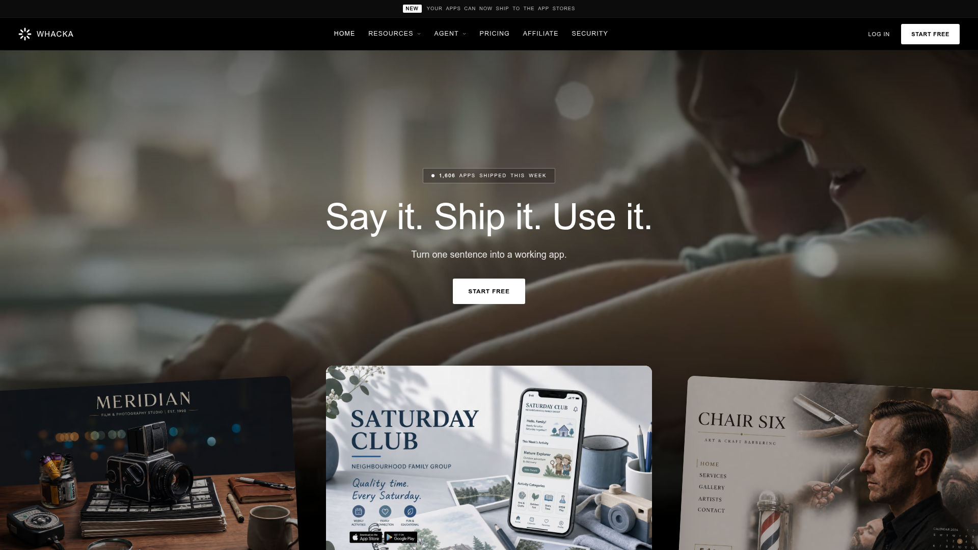 Screenshot of the whacka homepage