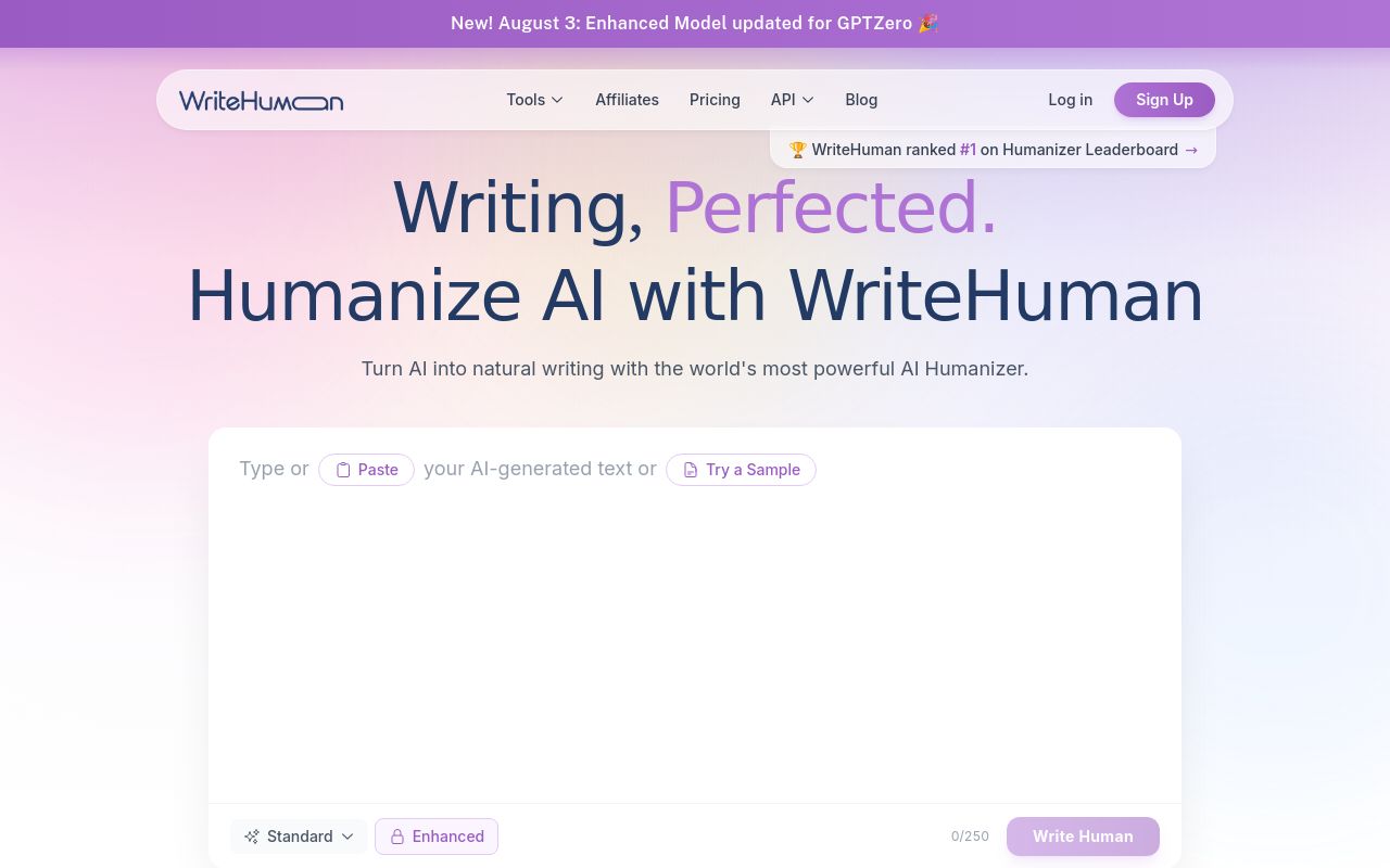 Screenshot of the WriteHuman homepage