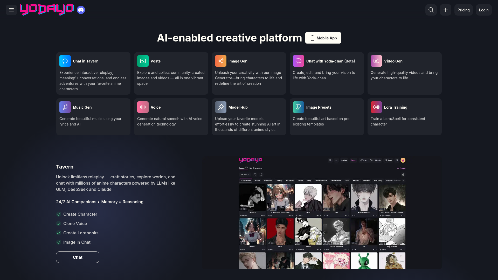 Screenshot of the Yodayo homepage
