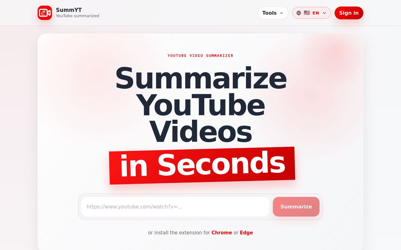 Screenshot of the SummYT homepage