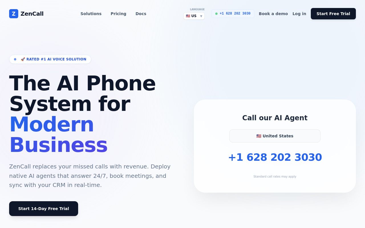 Screenshot of the ZenCall homepage